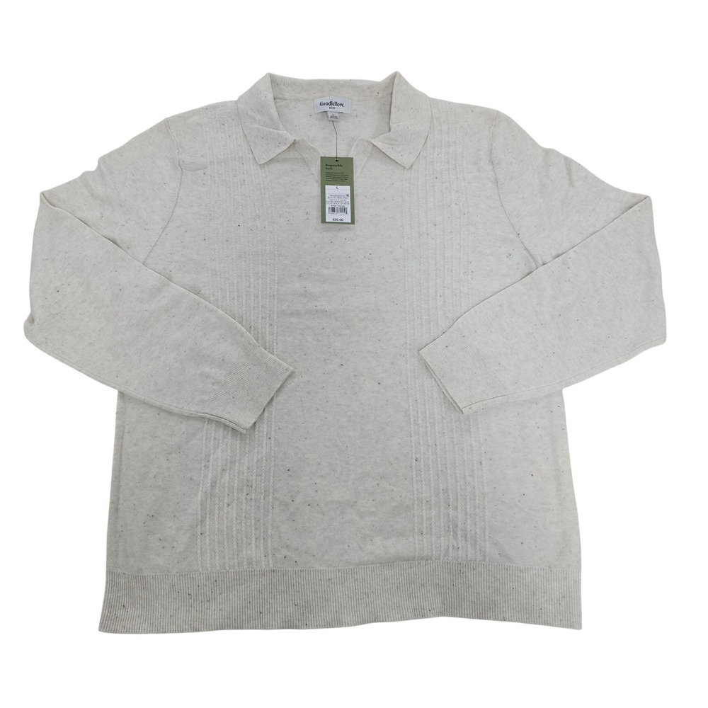 Goodfellow & Co Mens Cream Speckled Long Sleeve Sweater Polo Shirt Large NWT